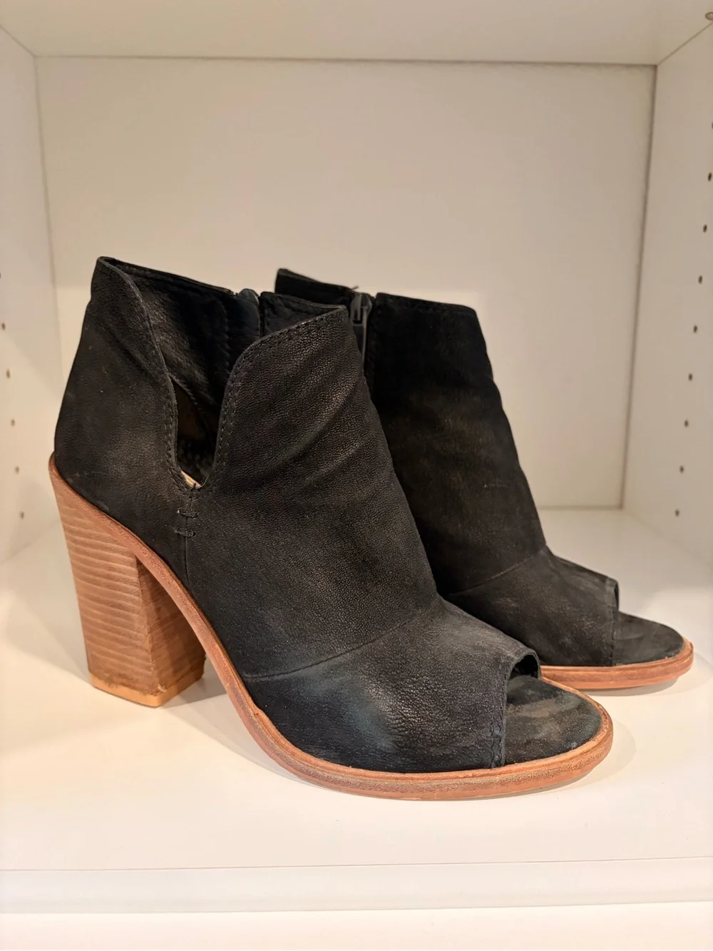 Vince Camuto Black Suede Peep-Toe Stacked Heel Booties